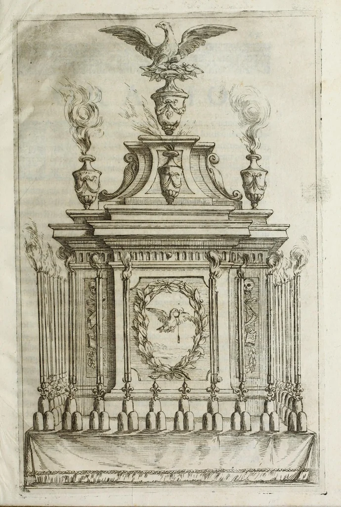 An illustration from Aquila parentalis, sive, Funebris apparatus in funebre comitis Alberti de Grassis Bononiae senatoris, et Collegij Montis alti vice protectoris : eminentissimo ac reverendiss. Principi S.R.E. Cardinal Pallotto, 1663, leaf 19