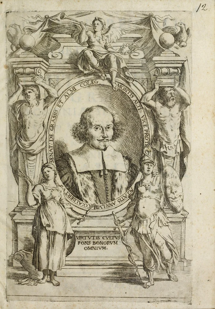 An illustration from Aquila parentalis, sive, Funebris apparatus in funebre comitis Alberti de Grassis Bononiae senatoris, et Collegij Montis alti vice protectoris : eminentissimo ac reverendiss. Principi S.R.E. Cardinal Pallotto, 1663, leaf 5