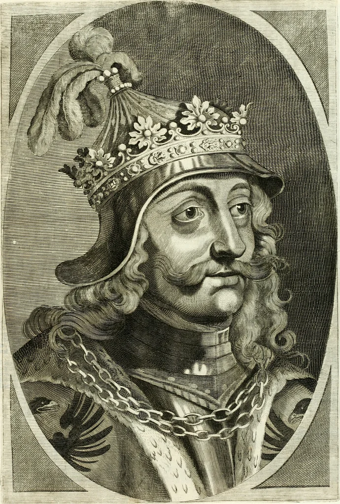 An illustration from Aquila Romana, ouero, Monarchia occidentale da Carlo Magno d'Occidente imperador primo : sino alla coronatione del glorioso Leopoldo Primo : tutti con le loro effigie dal naturale, aggiontiui li geroglifici ed allegorie, inuentione dell' autore, 1679, leaf 114