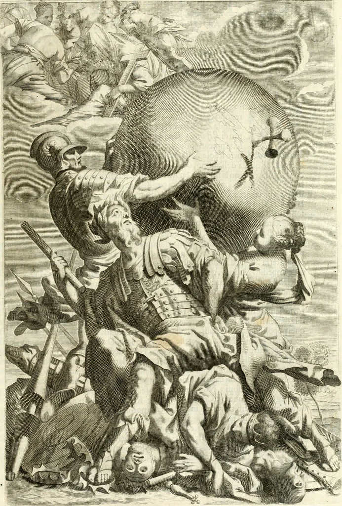 An illustration from Aquila Romana, ouero, Monarchia occidentale da Carlo Magno d'Occidente imperador primo : sino alla coronatione del glorioso Leopoldo Primo : tutti con le loro effigie dal naturale, aggiontiui li geroglifici ed allegorie, inuentione dell' autore, 1679, leaf 12