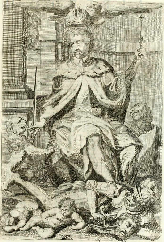 An illustration from Aquila Romana, ouero, Monarchia occidentale da Carlo Magno d'Occidente imperador primo : sino alla coronatione del glorioso Leopoldo Primo : tutti con le loro effigie dal naturale, aggiontiui li geroglifici ed allegorie, inuentione dell' autore, 1679, leaf 148