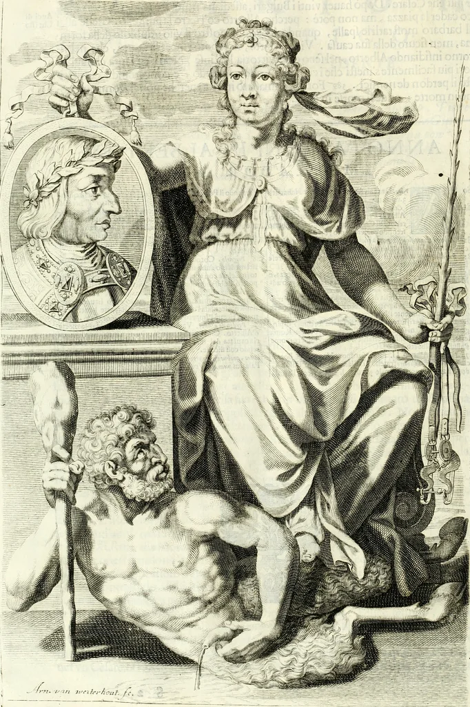 An illustration from Aquila Romana, ouero, Monarchia occidentale da Carlo Magno d'Occidente imperador primo : sino alla coronatione del glorioso Leopoldo Primo : tutti con le loro effigie dal naturale, aggiontiui li geroglifici ed allegorie, inuentione dell' autore, 1679, leaf 151