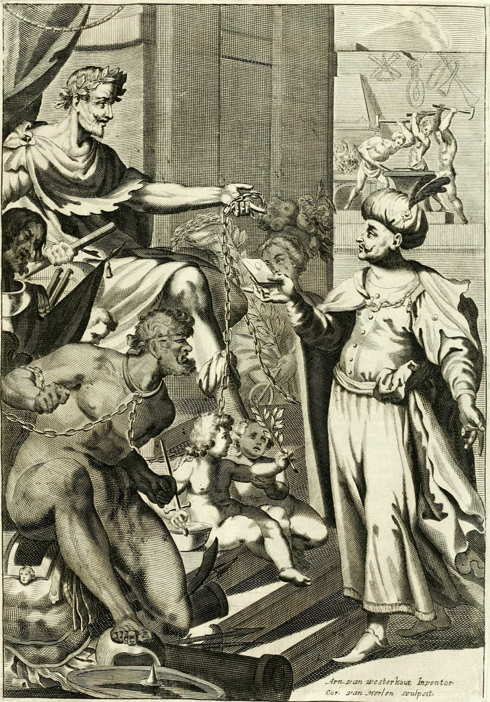 An illustration from Aquila Romana, ouero, Monarchia occidentale da Carlo Magno d'Occidente imperador primo : sino alla coronatione del glorioso Leopoldo Primo : tutti con le loro effigie dal naturale, aggiontiui li geroglifici ed allegorie, inuentione dell' autore, 1679, leaf 174