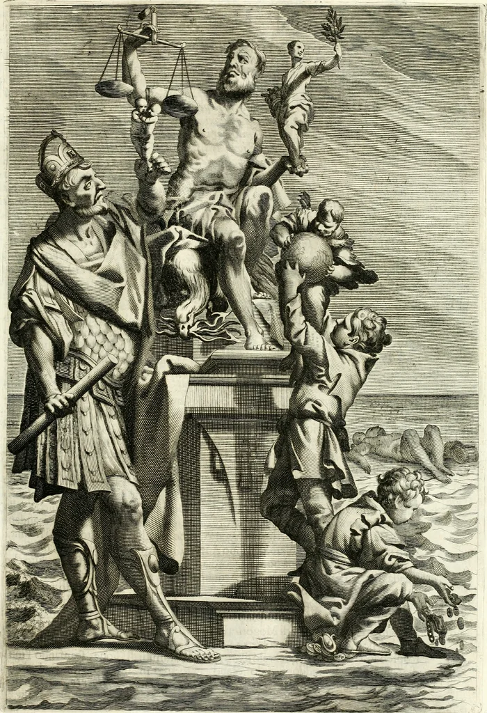 An illustration from Aquila Romana, ouero, Monarchia occidentale da Carlo Magno d'Occidente imperador primo : sino alla coronatione del glorioso Leopoldo Primo : tutti con le loro effigie dal naturale, aggiontiui li geroglifici ed allegorie, inuentione dell' autore, 1679, leaf 48