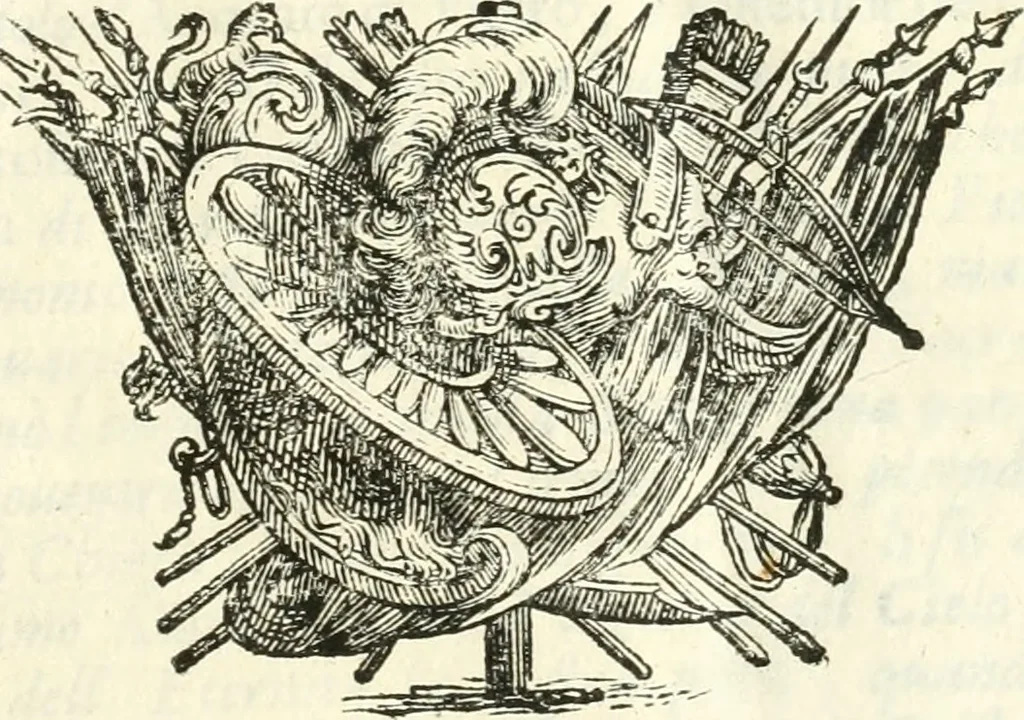 An illustration from Aquila Romana, ouero, Monarchia occidentale da Carlo Magno d'Occidente imperador primo : sino alla coronatione del glorioso Leopoldo Primo : tutti con le loro effigie dal naturale, aggiontiui li geroglifici ed allegorie, inuentione dell' autore, 1679, leaf 6