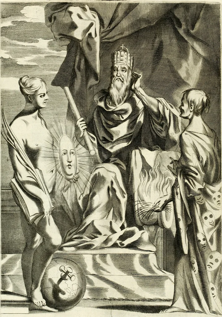 An illustration from Aquila Romana, ouero, Monarchia occidentale da Carlo Magno d'Occidente imperador primo : sino alla coronatione del glorioso Leopoldo Primo : tutti con le loro effigie dal naturale, aggiontiui li geroglifici ed allegorie, inuentione dell' autore, 1679, leaf 87