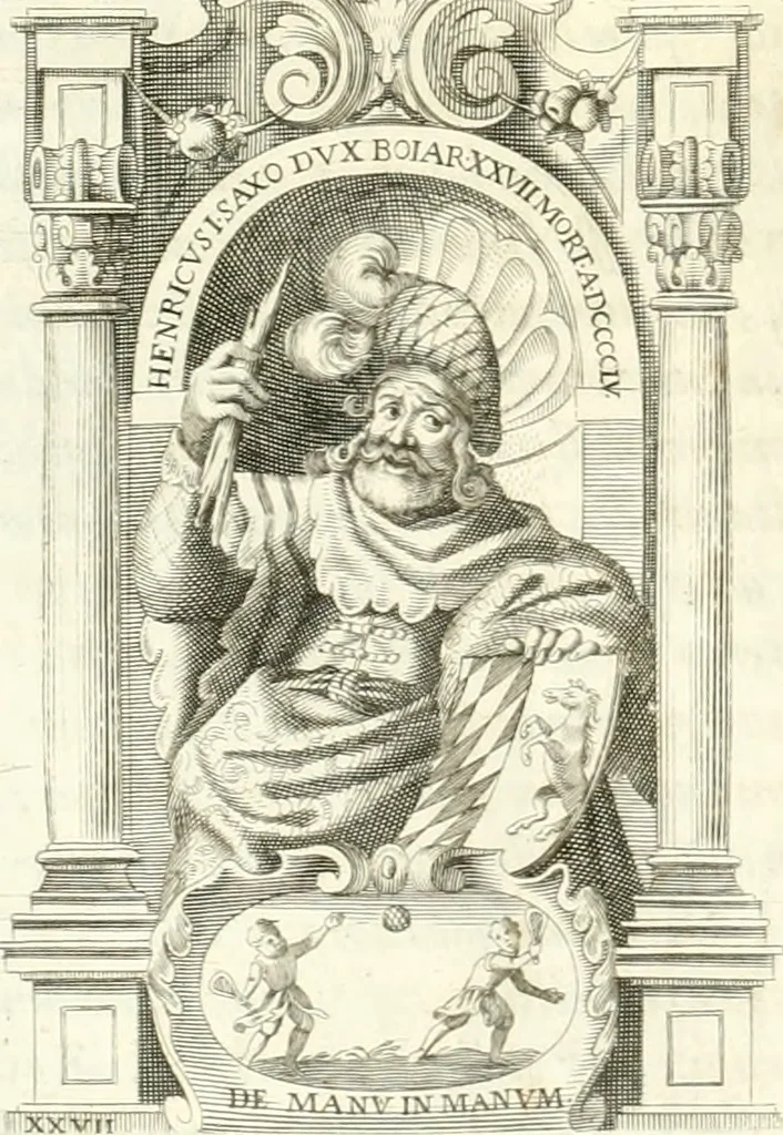 An illustration from Aquila Saxonica : sub qua imperatores Saxones ab Henrico Aucupe, vsquè ad Henricum Sanctum Occidentis imperatorem XV. elogiis, hieroglyphicis, numismatibus, insignibus, symbolis, imaginibus antiquis ad viuum exhibentur exculpti, & longa historiarum serie exarati : vt nihil relictum sit, quod prisci, vel hodierni habeant annales, sed diplomata, leges, indulta, genealogiae, donationes, priuilegia offeruntur congesta : accedit cuique Caesarum tractatus sacrolegalis & historicopoliticus ..., 1673, leaf 111