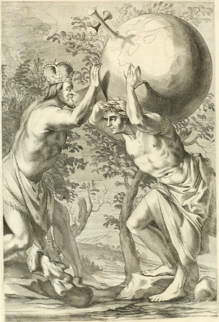 An illustration from Aquila Saxonica : sub qua imperatores Saxones ab Henrico Aucupe, vsquè ad Henricum Sanctum Occidentis imperatorem XV. elogiis, hieroglyphicis, numismatibus, insignibus, symbolis, imaginibus antiquis ad viuum exhibentur exculpti, & longa historiarum serie exarati : vt nihil relictum sit, quod prisci, vel hodierni habeant annales, sed diplomata, leges, indulta, genealogiae, donationes, priuilegia offeruntur congesta : accedit cuique Caesarum tractatus sacrolegalis & historicopoliticus ..., 1673, leaf 17