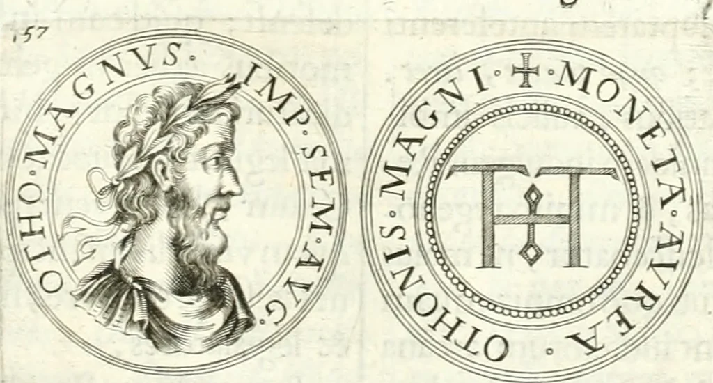An illustration from Aquila Saxonica : sub qua imperatores Saxones ab Henrico Aucupe, vsquè ad Henricum Sanctum Occidentis imperatorem XV. elogiis, hieroglyphicis, numismatibus, insignibus, symbolis, imaginibus antiquis ad viuum exhibentur exculpti, & longa historiarum serie exarati : vt nihil relictum sit, quod prisci, vel hodierni habeant annales, sed diplomata, leges, indulta, genealogiae, donationes, priuilegia offeruntur congesta : accedit cuique Caesarum tractatus sacrolegalis & historicopoliticus ..., 1673, leaf 172