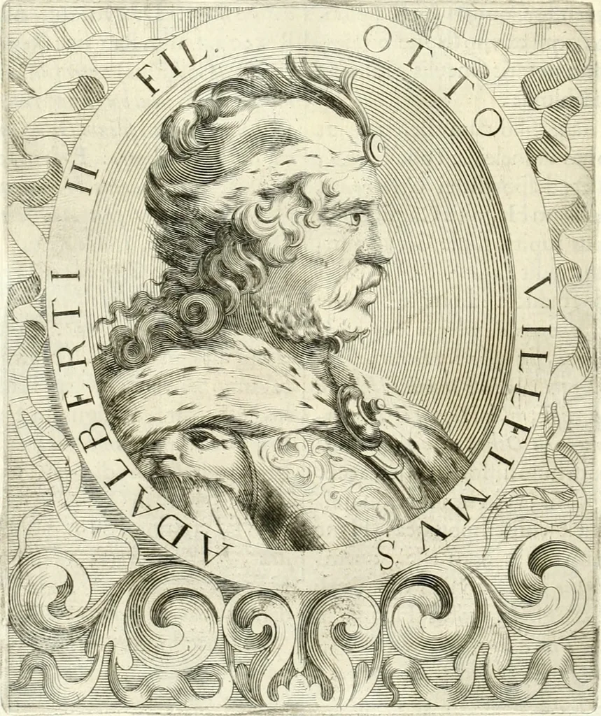 An illustration from Aquila Saxonica : sub qua imperatores Saxones ab Henrico Aucupe, vsquè ad Henricum Sanctum Occidentis imperatorem XV. elogiis, hieroglyphicis, numismatibus, insignibus, symbolis, imaginibus antiquis ad viuum exhibentur exculpti, & longa historiarum serie exarati : vt nihil relictum sit, quod prisci, vel hodierni habeant annales, sed diplomata, leges, indulta, genealogiae, donationes, priuilegia offeruntur congesta : accedit cuique Caesarum tractatus sacrolegalis & historicopoliticus ..., 1673, leaf 189