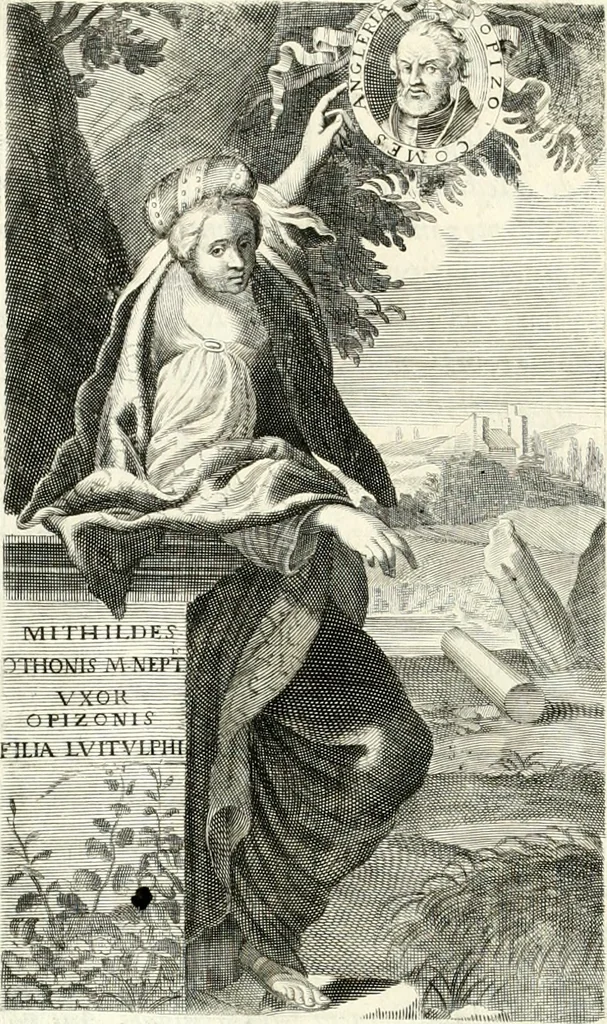 An illustration from Aquila Saxonica : sub qua imperatores Saxones ab Henrico Aucupe, vsquè ad Henricum Sanctum Occidentis imperatorem XV. elogiis, hieroglyphicis, numismatibus, insignibus, symbolis, imaginibus antiquis ad viuum exhibentur exculpti, & longa historiarum serie exarati : vt nihil relictum sit, quod prisci, vel hodierni habeant annales, sed diplomata, leges, indulta, genealogiae, donationes, priuilegia offeruntur congesta : accedit cuique Caesarum tractatus sacrolegalis & historicopoliticus ..., 1673, leaf 193