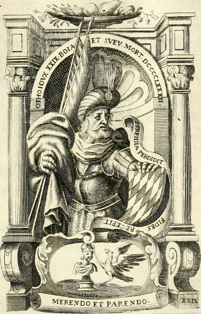 An illustration from Aquila Saxonica : sub qua imperatores Saxones ab Henrico Aucupe, vsquè ad Henricum Sanctum Occidentis imperatorem XV. elogiis, hieroglyphicis, numismatibus, insignibus, symbolis, imaginibus antiquis ad viuum exhibentur exculpti, & longa historiarum serie exarati : vt nihil relictum sit, quod prisci, vel hodierni habeant annales, sed diplomata, leges, indulta, genealogiae, donationes, priuilegia offeruntur congesta : accedit cuique Caesarum tractatus sacrolegalis & historicopoliticus ..., 1673, leaf 197