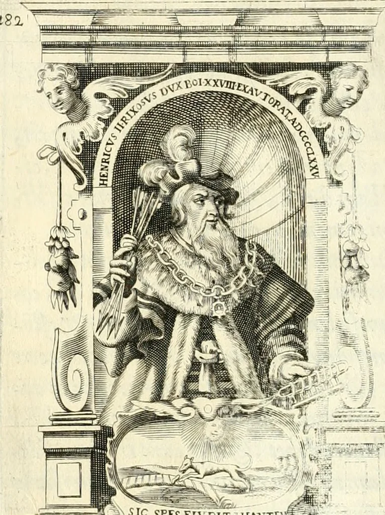An illustration from Aquila Saxonica : sub qua imperatores Saxones ab Henrico Aucupe, vsquè ad Henricum Sanctum Occidentis imperatorem XV. elogiis, hieroglyphicis, numismatibus, insignibus, symbolis, imaginibus antiquis ad viuum exhibentur exculpti, & longa historiarum serie exarati : vt nihil relictum sit, quod prisci, vel hodierni habeant annales, sed diplomata, leges, indulta, genealogiae, donationes, priuilegia offeruntur congesta : accedit cuique Caesarum tractatus sacrolegalis & historicopoliticus ..., 1673, leaf 197