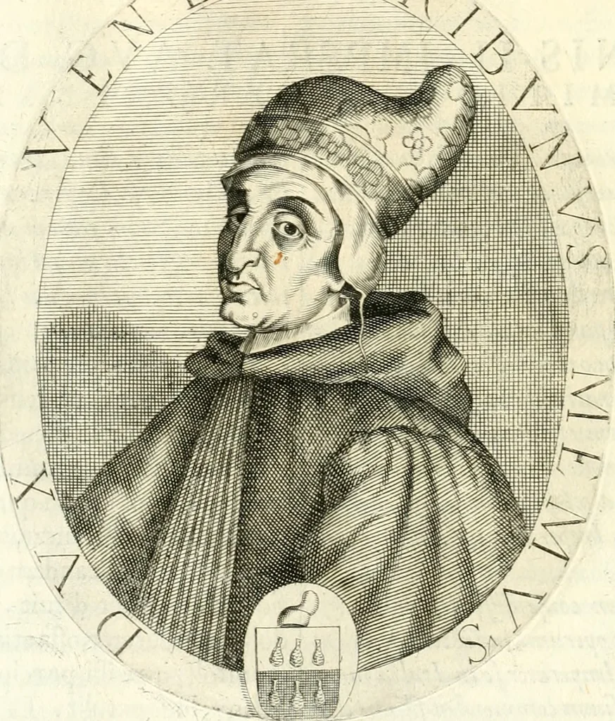 An illustration from Aquila Saxonica : sub qua imperatores Saxones ab Henrico Aucupe, vsquè ad Henricum Sanctum Occidentis imperatorem XV. elogiis, hieroglyphicis, numismatibus, insignibus, symbolis, imaginibus antiquis ad viuum exhibentur exculpti, & longa historiarum serie exarati : vt nihil relictum sit, quod prisci, vel hodierni habeant annales, sed diplomata, leges, indulta, genealogiae, donationes, priuilegia offeruntur congesta : accedit cuique Caesarum tractatus sacrolegalis & historicopoliticus ..., 1673, leaf 205