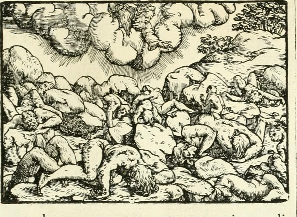 An illustration from Aquila Saxonica : sub qua imperatores Saxones ab Henrico Aucupe, vsquè ad Henricum Sanctum Occidentis imperatorem XV. elogiis, hieroglyphicis, numismatibus, insignibus, symbolis, imaginibus antiquis ad viuum exhibentur exculpti, & longa historiarum serie exarati : vt nihil relictum sit, quod prisci, vel hodierni habeant annales, sed diplomata, leges, indulta, genealogiae, donationes, priuilegia offeruntur congesta : accedit cuique Caesarum tractatus sacrolegalis & historicopoliticus ..., 1673, leaf 208