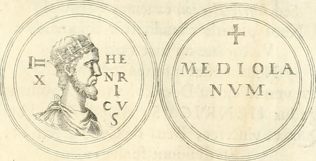 An illustration from Aquila Saxonica : sub qua imperatores Saxones ab Henrico Aucupe, vsquè ad Henricum Sanctum Occidentis imperatorem XV. elogiis, hieroglyphicis, numismatibus, insignibus, symbolis, imaginibus antiquis ad viuum exhibentur exculpti, & longa historiarum serie exarati : vt nihil relictum sit, quod prisci, vel hodierni habeant annales, sed diplomata, leges, indulta, genealogiae, donationes, priuilegia offeruntur congesta : accedit cuique Caesarum tractatus sacrolegalis & historicopoliticus ..., 1673, leaf 21
