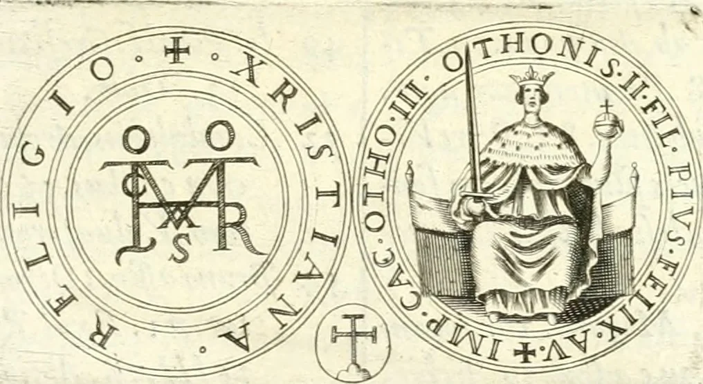An illustration from Aquila Saxonica : sub qua imperatores Saxones ab Henrico Aucupe, vsquè ad Henricum Sanctum Occidentis imperatorem XV. elogiis, hieroglyphicis, numismatibus, insignibus, symbolis, imaginibus antiquis ad viuum exhibentur exculpti, & longa historiarum serie exarati : vt nihil relictum sit, quod prisci, vel hodierni habeant annales, sed diplomata, leges, indulta, genealogiae, donationes, priuilegia offeruntur congesta : accedit cuique Caesarum tractatus sacrolegalis & historicopoliticus ..., 1673, leaf 216