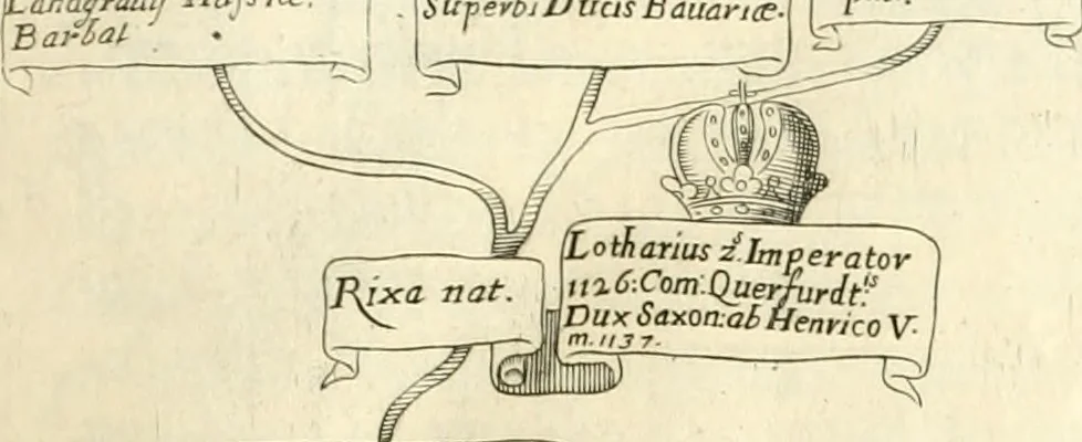 An illustration from Aquila Saxonica : sub qua imperatores Saxones ab Henrico Aucupe, vsquè ad Henricum Sanctum Occidentis imperatorem XV. elogiis, hieroglyphicis, numismatibus, insignibus, symbolis, imaginibus antiquis ad viuum exhibentur exculpti, & longa historiarum serie exarati : vt nihil relictum sit, quod prisci, vel hodierni habeant annales, sed diplomata, leges, indulta, genealogiae, donationes, priuilegia offeruntur congesta : accedit cuique Caesarum tractatus sacrolegalis & historicopoliticus ..., 1673, leaf 24