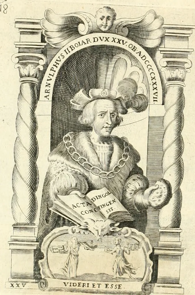 An illustration from Aquila Saxonica : sub qua imperatores Saxones ab Henrico Aucupe, vsquè ad Henricum Sanctum Occidentis imperatorem XV. elogiis, hieroglyphicis, numismatibus, insignibus, symbolis, imaginibus antiquis ad viuum exhibentur exculpti, & longa historiarum serie exarati : vt nihil relictum sit, quod prisci, vel hodierni habeant annales, sed diplomata, leges, indulta, genealogiae, donationes, priuilegia offeruntur congesta : accedit cuique Caesarum tractatus sacrolegalis & historicopoliticus ..., 1673, leaf 33