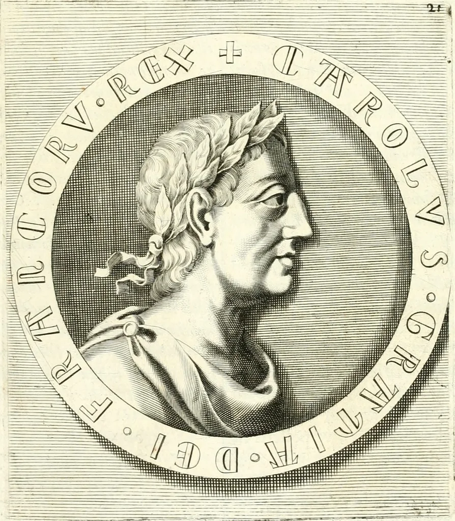 An illustration from Aquila Saxonica : sub qua imperatores Saxones ab Henrico Aucupe, vsquè ad Henricum Sanctum Occidentis imperatorem XV. elogiis, hieroglyphicis, numismatibus, insignibus, symbolis, imaginibus antiquis ad viuum exhibentur exculpti, & longa historiarum serie exarati : vt nihil relictum sit, quod prisci, vel hodierni habeant annales, sed diplomata, leges, indulta, genealogiae, donationes, priuilegia offeruntur congesta : accedit cuique Caesarum tractatus sacrolegalis & historicopoliticus ..., 1673, leaf 36