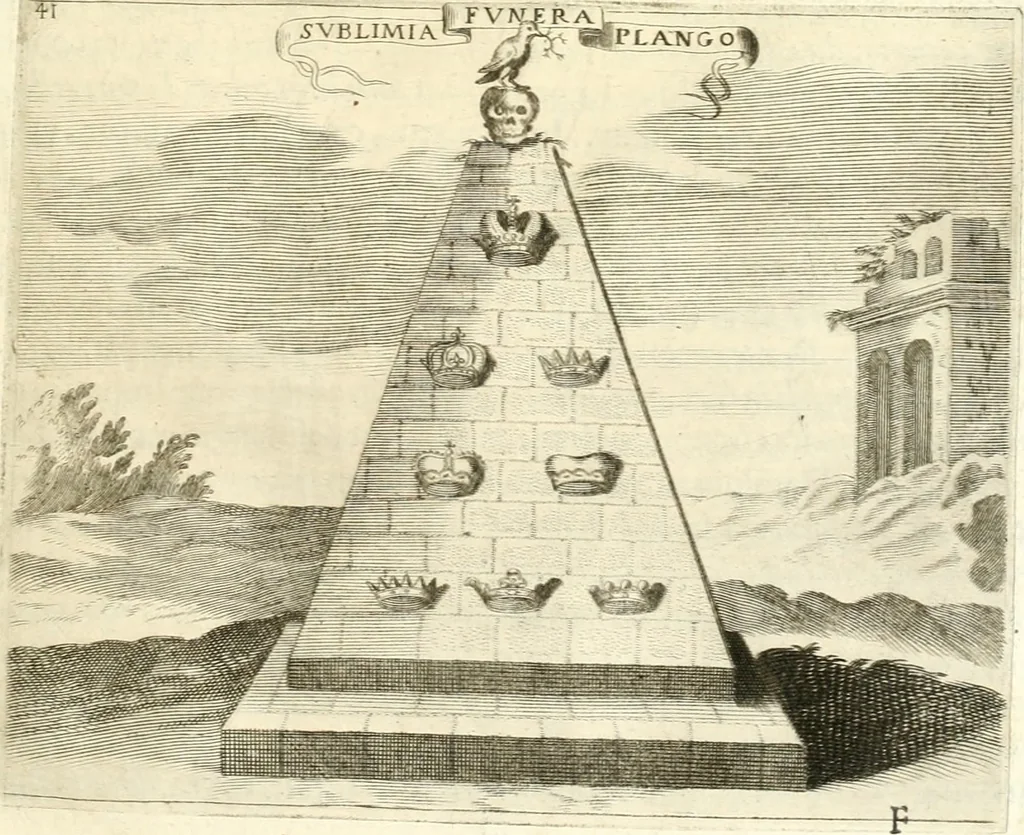 An illustration from Aquila Saxonica : sub qua imperatores Saxones ab Henrico Aucupe, vsquè ad Henricum Sanctum Occidentis imperatorem XV. elogiis, hieroglyphicis, numismatibus, insignibus, symbolis, imaginibus antiquis ad viuum exhibentur exculpti, & longa historiarum serie exarati : vt nihil relictum sit, quod prisci, vel hodierni habeant annales, sed diplomata, leges, indulta, genealogiae, donationes, priuilegia offeruntur congesta : accedit cuique Caesarum tractatus sacrolegalis & historicopoliticus ..., 1673, leaf 56