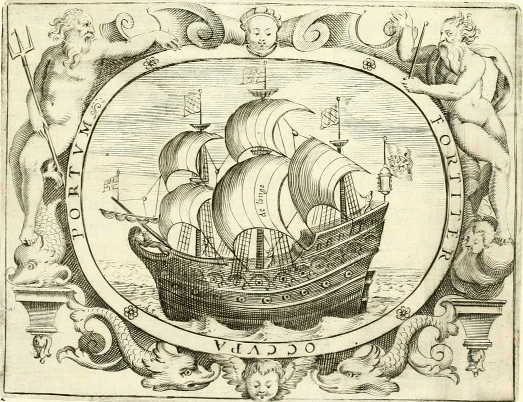 An illustration from Aquila Saxonica : sub qua imperatores Saxones ab Henrico Aucupe, vsquè ad Henricum Sanctum Occidentis imperatorem XV. elogiis, hieroglyphicis, numismatibus, insignibus, symbolis, imaginibus antiquis ad viuum exhibentur exculpti, & longa historiarum serie exarati : vt nihil relictum sit, quod prisci, vel hodierni habeant annales, sed diplomata, leges, indulta, genealogiae, donationes, priuilegia offeruntur congesta : accedit cuique Caesarum tractatus sacrolegalis & historicopoliticus ..., 1673, leaf 6