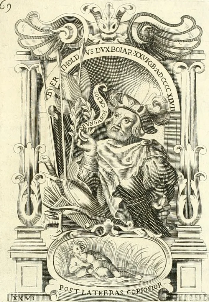 An illustration from Aquila Saxonica : sub qua imperatores Saxones ab Henrico Aucupe, vsquè ad Henricum Sanctum Occidentis imperatorem XV. elogiis, hieroglyphicis, numismatibus, insignibus, symbolis, imaginibus antiquis ad viuum exhibentur exculpti, & longa historiarum serie exarati : vt nihil relictum sit, quod prisci, vel hodierni habeant annales, sed diplomata, leges, indulta, genealogiae, donationes, priuilegia offeruntur congesta : accedit cuique Caesarum tractatus sacrolegalis & historicopoliticus ..., 1673, leaf 84