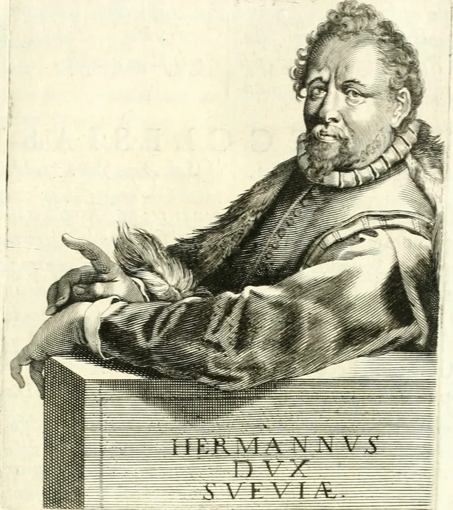An illustration from Aquila Saxonica : sub qua imperatores Saxones ab Henrico Aucupe, vsquè ad Henricum Sanctum Occidentis imperatorem XV. elogiis, hieroglyphicis, numismatibus, insignibus, symbolis, imaginibus antiquis ad viuum exhibentur exculpti, & longa historiarum serie exarati : vt nihil relictum sit, quod prisci, vel hodierni habeant annales, sed diplomata, leges, indulta, genealogiae, donationes, priuilegia offeruntur congesta : accedit cuique Caesarum tractatus sacrolegalis & historicopoliticus ..., 1673, leaf 90