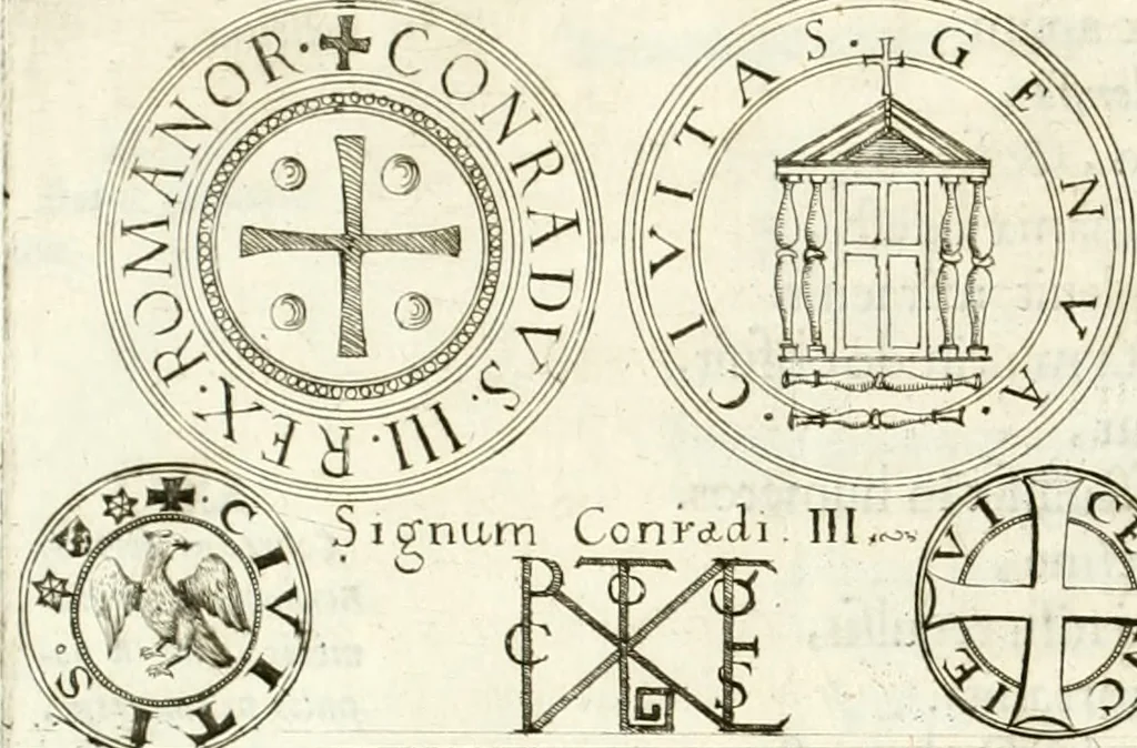 An illustration from Aquila Sueua, sub qua imperatores Sueui a Conrado III vsquè ad Conradum IV Occidentis imperatorem XXVII : elogiis, hieroglyphicis, numismatibus, insignibus, symbolis, imaginibus antiquis ad viuum exhibentur exculpti, & longa historiarum serie exarati : vt nihil relictum sit, quod prisci vel hodierni habeant annales, sed diplomata, leges, indulta, genealogiae, donationes, priuilegia offeruntur congesta : inseruntur et regum principumque imagines, nummi honorarij, castrenses, triumphales, votiui, missiles, &c. qui sanguine, foedere, bello Imperatoribus iuncti, occurrunt in opere : accedit cuique caesarum tractatus sacrolegalis & historicopoliticus ..., 1679, leaf 13