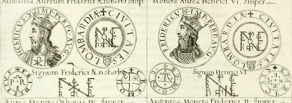 An illustration from Aquila Sueua, sub qua imperatores Sueui a Conrado III vsquè ad Conradum IV Occidentis imperatorem XXVII : elogiis, hieroglyphicis, numismatibus, insignibus, symbolis, imaginibus antiquis ad viuum exhibentur exculpti, & longa historiarum serie exarati : vt nihil relictum sit, quod prisci vel hodierni habeant annales, sed diplomata, leges, indulta, genealogiae, donationes, priuilegia offeruntur congesta : inseruntur et regum principumque imagines, nummi honorarij, castrenses, triumphales, votiui, missiles, &c. qui sanguine, foedere, bello Imperatoribus iuncti, occurrunt in opere : accedit cuique caesarum tractatus sacrolegalis & historicopoliticus ..., 1679, leaf 13