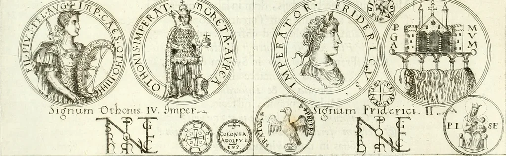 An illustration from Aquila Sueua, sub qua imperatores Sueui a Conrado III vsquè ad Conradum IV Occidentis imperatorem XXVII : elogiis, hieroglyphicis, numismatibus, insignibus, symbolis, imaginibus antiquis ad viuum exhibentur exculpti, & longa historiarum serie exarati : vt nihil relictum sit, quod prisci vel hodierni habeant annales, sed diplomata, leges, indulta, genealogiae, donationes, priuilegia offeruntur congesta : inseruntur et regum principumque imagines, nummi honorarij, castrenses, triumphales, votiui, missiles, &c. qui sanguine, foedere, bello Imperatoribus iuncti, occurrunt in opere : accedit cuique caesarum tractatus sacrolegalis & historicopoliticus ..., 1679, leaf 13