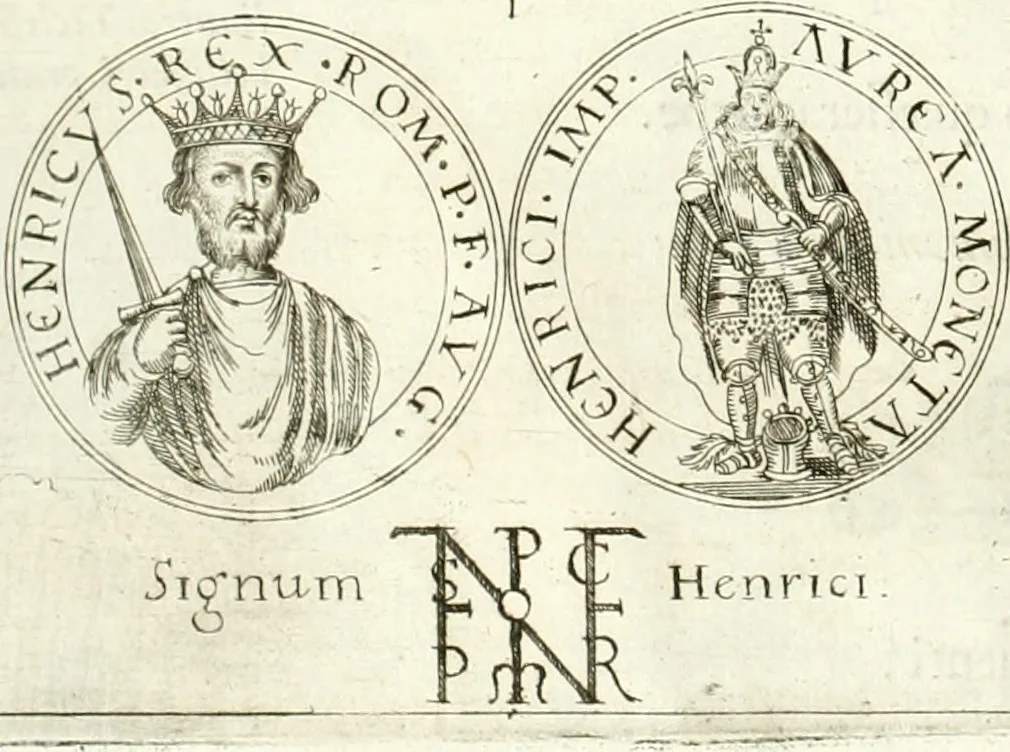An illustration from Aquila Sueua, sub qua imperatores Sueui a Conrado III vsquè ad Conradum IV Occidentis imperatorem XXVII : elogiis, hieroglyphicis, numismatibus, insignibus, symbolis, imaginibus antiquis ad viuum exhibentur exculpti, & longa historiarum serie exarati : vt nihil relictum sit, quod prisci vel hodierni habeant annales, sed diplomata, leges, indulta, genealogiae, donationes, priuilegia offeruntur congesta : inseruntur et regum principumque imagines, nummi honorarij, castrenses, triumphales, votiui, missiles, &c. qui sanguine, foedere, bello Imperatoribus iuncti, occurrunt in opere : accedit cuique caesarum tractatus sacrolegalis & historicopoliticus ..., 1679, leaf 13
