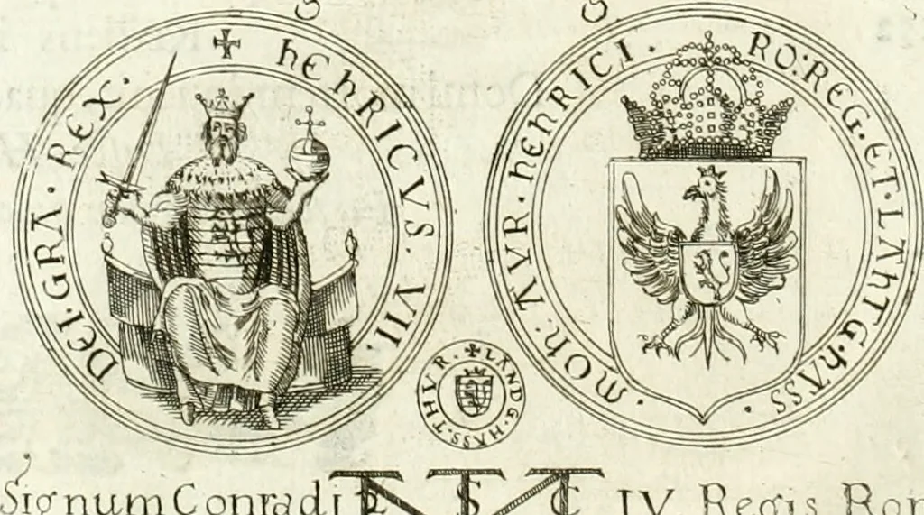 An illustration from Aquila Sueua, sub qua imperatores Sueui a Conrado III vsquè ad Conradum IV Occidentis imperatorem XXVII : elogiis, hieroglyphicis, numismatibus, insignibus, symbolis, imaginibus antiquis ad viuum exhibentur exculpti, & longa historiarum serie exarati : vt nihil relictum sit, quod prisci vel hodierni habeant annales, sed diplomata, leges, indulta, genealogiae, donationes, priuilegia offeruntur congesta : inseruntur et regum principumque imagines, nummi honorarij, castrenses, triumphales, votiui, missiles, &c. qui sanguine, foedere, bello Imperatoribus iuncti, occurrunt in opere : accedit cuique caesarum tractatus sacrolegalis & historicopoliticus ..., 1679, leaf 13