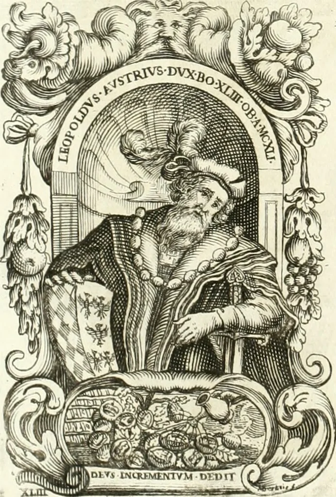 An illustration from Aquila Sueua, sub qua imperatores Sueui a Conrado III vsquè ad Conradum IV Occidentis imperatorem XXVII : elogiis, hieroglyphicis, numismatibus, insignibus, symbolis, imaginibus antiquis ad viuum exhibentur exculpti, & longa historiarum serie exarati : vt nihil relictum sit, quod prisci vel hodierni habeant annales, sed diplomata, leges, indulta, genealogiae, donationes, priuilegia offeruntur congesta : inseruntur et regum principumque imagines, nummi honorarij, castrenses, triumphales, votiui, missiles, &c. qui sanguine, foedere, bello Imperatoribus iuncti, occurrunt in opere : accedit cuique caesarum tractatus sacrolegalis & historicopoliticus ..., 1679, leaf 17