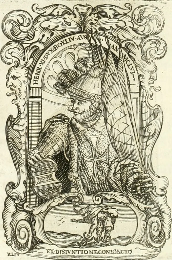 An illustration from Aquila Sueua, sub qua imperatores Sueui a Conrado III vsquè ad Conradum IV Occidentis imperatorem XXVII : elogiis, hieroglyphicis, numismatibus, insignibus, symbolis, imaginibus antiquis ad viuum exhibentur exculpti, & longa historiarum serie exarati : vt nihil relictum sit, quod prisci vel hodierni habeant annales, sed diplomata, leges, indulta, genealogiae, donationes, priuilegia offeruntur congesta : inseruntur et regum principumque imagines, nummi honorarij, castrenses, triumphales, votiui, missiles, &c. qui sanguine, foedere, bello Imperatoribus iuncti, occurrunt in opere : accedit cuique caesarum tractatus sacrolegalis & historicopoliticus ..., 1679, leaf 17