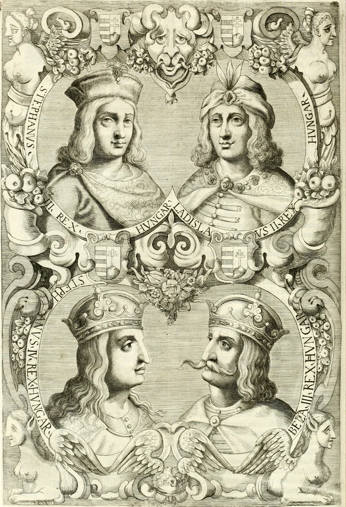 An illustration from Aquila Sueua, sub qua imperatores Sueui a Conrado III vsquè ad Conradum IV Occidentis imperatorem XXVII : elogiis, hieroglyphicis, numismatibus, insignibus, symbolis, imaginibus antiquis ad viuum exhibentur exculpti, & longa historiarum serie exarati : vt nihil relictum sit, quod prisci vel hodierni habeant annales, sed diplomata, leges, indulta, genealogiae, donationes, priuilegia offeruntur congesta : inseruntur et regum principumque imagines, nummi honorarij, castrenses, triumphales, votiui, missiles, &c. qui sanguine, foedere, bello Imperatoribus iuncti, occurrunt in opere : accedit cuique caesarum tractatus sacrolegalis & historicopoliticus ..., 1679, leaf 189