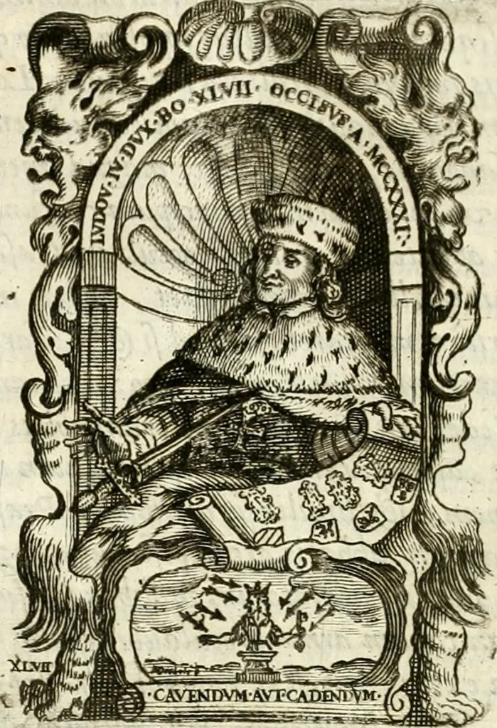 An illustration from Aquila Sueua, sub qua imperatores Sueui a Conrado III vsquè ad Conradum IV Occidentis imperatorem XXVII : elogiis, hieroglyphicis, numismatibus, insignibus, symbolis, imaginibus antiquis ad viuum exhibentur exculpti, & longa historiarum serie exarati : vt nihil relictum sit, quod prisci vel hodierni habeant annales, sed diplomata, leges, indulta, genealogiae, donationes, priuilegia offeruntur congesta : inseruntur et regum principumque imagines, nummi honorarij, castrenses, triumphales, votiui, missiles, &c. qui sanguine, foedere, bello Imperatoribus iuncti, occurrunt in opere : accedit cuique caesarum tractatus sacrolegalis & historicopoliticus ..., 1679, leaf 209