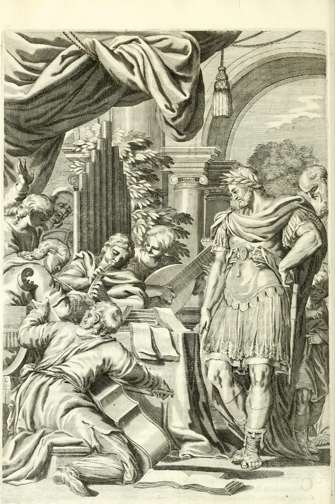 An illustration from Aquila Sueua, sub qua imperatores Sueui a Conrado III vsquè ad Conradum IV Occidentis imperatorem XXVII : elogiis, hieroglyphicis, numismatibus, insignibus, symbolis, imaginibus antiquis ad viuum exhibentur exculpti, & longa historiarum serie exarati : vt nihil relictum sit, quod prisci vel hodierni habeant annales, sed diplomata, leges, indulta, genealogiae, donationes, priuilegia offeruntur congesta : inseruntur et regum principumque imagines, nummi honorarij, castrenses, triumphales, votiui, missiles, &c. qui sanguine, foedere, bello Imperatoribus iuncti, occurrunt in opere : accedit cuique caesarum tractatus sacrolegalis & historicopoliticus ..., 1679, leaf 227