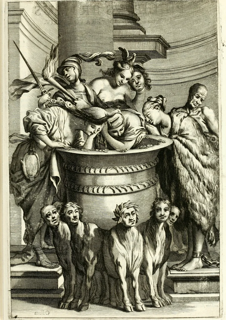An illustration from Aquila Sueua, sub qua imperatores Sueui a Conrado III vsquè ad Conradum IV Occidentis imperatorem XXVII : elogiis, hieroglyphicis, numismatibus, insignibus, symbolis, imaginibus antiquis ad viuum exhibentur exculpti, & longa historiarum serie exarati : vt nihil relictum sit, quod prisci vel hodierni habeant annales, sed diplomata, leges, indulta, genealogiae, donationes, priuilegia offeruntur congesta : inseruntur et regum principumque imagines, nummi honorarij, castrenses, triumphales, votiui, missiles, &c. qui sanguine, foedere, bello Imperatoribus iuncti, occurrunt in opere : accedit cuique caesarum tractatus sacrolegalis & historicopoliticus ..., 1679, leaf 266