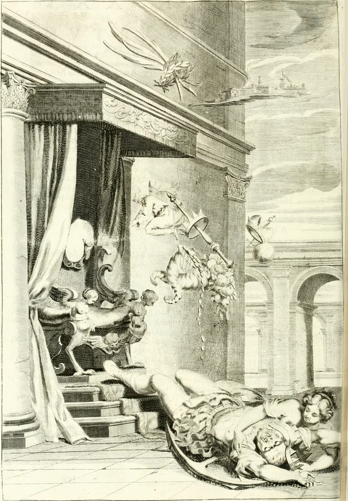 An illustration from Aquila Sueua, sub qua imperatores Sueui a Conrado III vsquè ad Conradum IV Occidentis imperatorem XXVII : elogiis, hieroglyphicis, numismatibus, insignibus, symbolis, imaginibus antiquis ad viuum exhibentur exculpti, & longa historiarum serie exarati : vt nihil relictum sit, quod prisci vel hodierni habeant annales, sed diplomata, leges, indulta, genealogiae, donationes, priuilegia offeruntur congesta : inseruntur et regum principumque imagines, nummi honorarij, castrenses, triumphales, votiui, missiles, &c. qui sanguine, foedere, bello Imperatoribus iuncti, occurrunt in opere : accedit cuique caesarum tractatus sacrolegalis & historicopoliticus ..., 1679, leaf 297