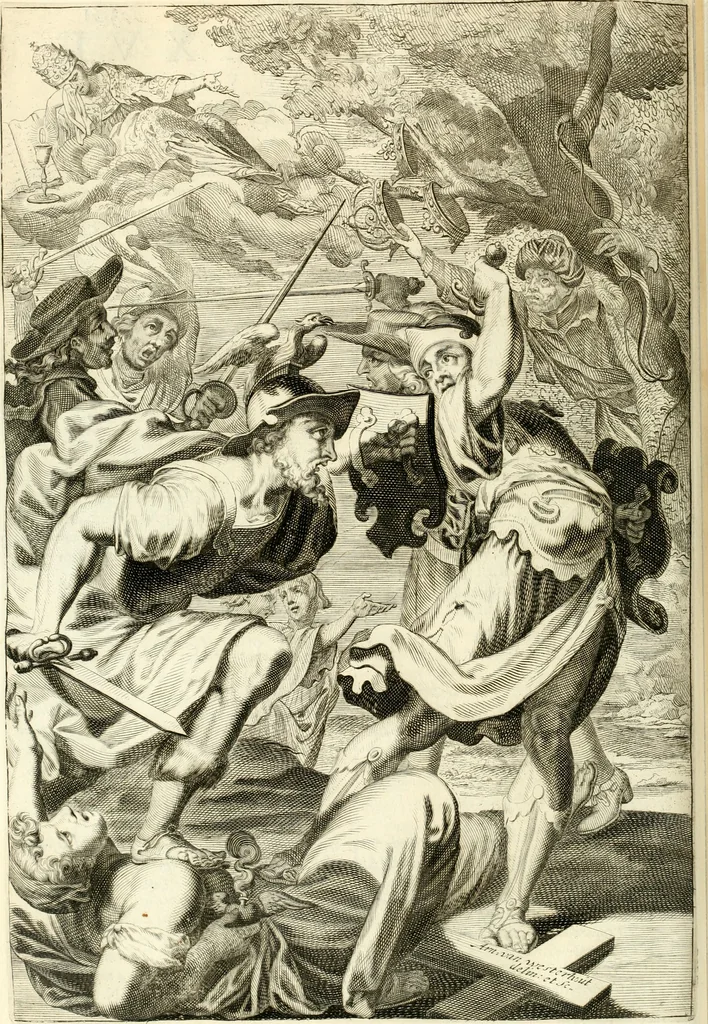 An illustration from Aquila Sueua, sub qua imperatores Sueui a Conrado III vsquè ad Conradum IV Occidentis imperatorem XXVII : elogiis, hieroglyphicis, numismatibus, insignibus, symbolis, imaginibus antiquis ad viuum exhibentur exculpti, & longa historiarum serie exarati : vt nihil relictum sit, quod prisci vel hodierni habeant annales, sed diplomata, leges, indulta, genealogiae, donationes, priuilegia offeruntur congesta : inseruntur et regum principumque imagines, nummi honorarij, castrenses, triumphales, votiui, missiles, &c. qui sanguine, foedere, bello Imperatoribus iuncti, occurrunt in opere : accedit cuique caesarum tractatus sacrolegalis & historicopoliticus ..., 1679, leaf 313