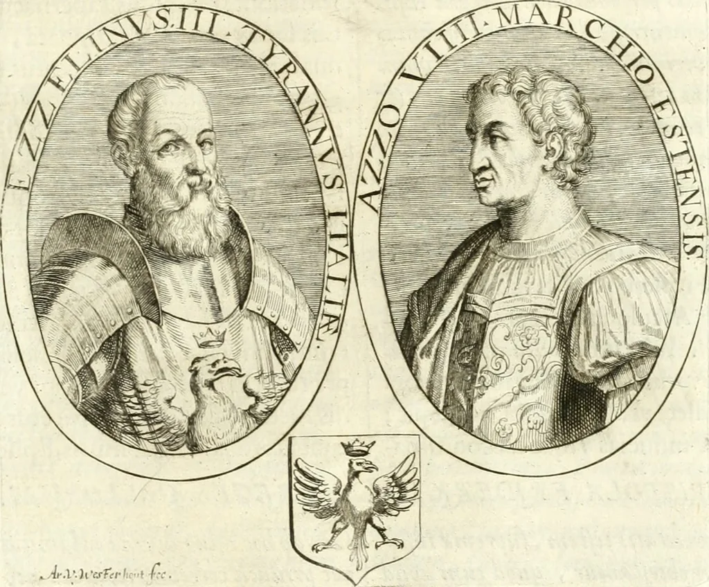 An illustration from Aquila Sueua, sub qua imperatores Sueui a Conrado III vsquè ad Conradum IV Occidentis imperatorem XXVII : elogiis, hieroglyphicis, numismatibus, insignibus, symbolis, imaginibus antiquis ad viuum exhibentur exculpti, & longa historiarum serie exarati : vt nihil relictum sit, quod prisci vel hodierni habeant annales, sed diplomata, leges, indulta, genealogiae, donationes, priuilegia offeruntur congesta : inseruntur et regum principumque imagines, nummi honorarij, castrenses, triumphales, votiui, missiles, &c. qui sanguine, foedere, bello Imperatoribus iuncti, occurrunt in opere : accedit cuique caesarum tractatus sacrolegalis & historicopoliticus ..., 1679, leaf 364