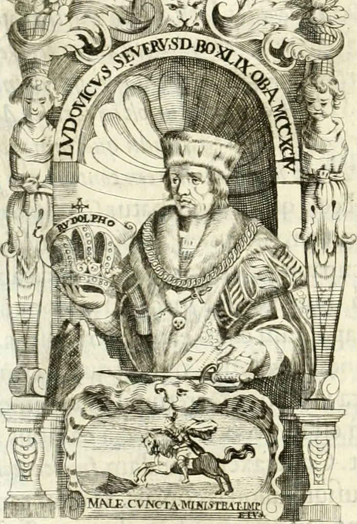 An illustration from Aquila Sueua, sub qua imperatores Sueui a Conrado III vsquè ad Conradum IV Occidentis imperatorem XXVII : elogiis, hieroglyphicis, numismatibus, insignibus, symbolis, imaginibus antiquis ad viuum exhibentur exculpti, & longa historiarum serie exarati : vt nihil relictum sit, quod prisci vel hodierni habeant annales, sed diplomata, leges, indulta, genealogiae, donationes, priuilegia offeruntur congesta : inseruntur et regum principumque imagines, nummi honorarij, castrenses, triumphales, votiui, missiles, &c. qui sanguine, foedere, bello Imperatoribus iuncti, occurrunt in opere : accedit cuique caesarum tractatus sacrolegalis & historicopoliticus ..., 1679, leaf 423