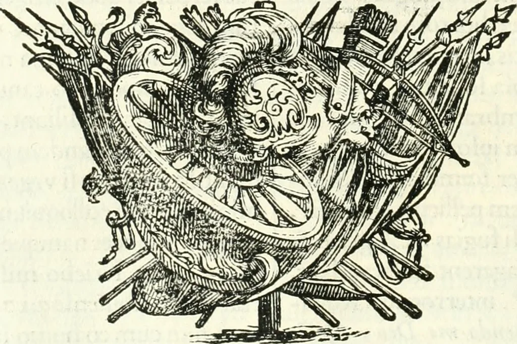 An illustration from Aquila Sueua, sub qua imperatores Sueui a Conrado III vsquè ad Conradum IV Occidentis imperatorem XXVII : elogiis, hieroglyphicis, numismatibus, insignibus, symbolis, imaginibus antiquis ad viuum exhibentur exculpti, & longa historiarum serie exarati : vt nihil relictum sit, quod prisci vel hodierni habeant annales, sed diplomata, leges, indulta, genealogiae, donationes, priuilegia offeruntur congesta : inseruntur et regum principumque imagines, nummi honorarij, castrenses, triumphales, votiui, missiles, &c. qui sanguine, foedere, bello Imperatoribus iuncti, occurrunt in opere : accedit cuique caesarum tractatus sacrolegalis & historicopoliticus ..., 1679, leaf 67