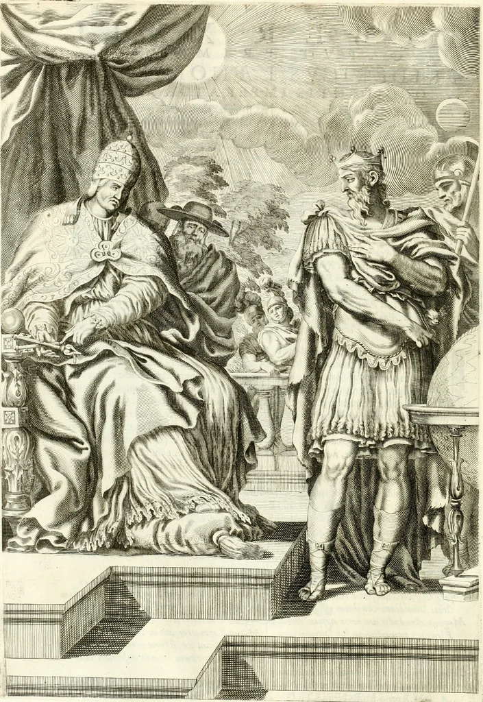 An illustration from Aquila Sueua, sub qua imperatores Sueui a Conrado III vsquè ad Conradum IV Occidentis imperatorem XXVII : elogiis, hieroglyphicis, numismatibus, insignibus, symbolis, imaginibus antiquis ad viuum exhibentur exculpti, & longa historiarum serie exarati : vt nihil relictum sit, quod prisci vel hodierni habeant annales, sed diplomata, leges, indulta, genealogiae, donationes, priuilegia offeruntur congesta : inseruntur et regum principumque imagines, nummi honorarij, castrenses, triumphales, votiui, missiles, &c. qui sanguine, foedere, bello Imperatoribus iuncti, occurrunt in opere : accedit cuique caesarum tractatus sacrolegalis & historicopoliticus ..., 1679, leaf 69