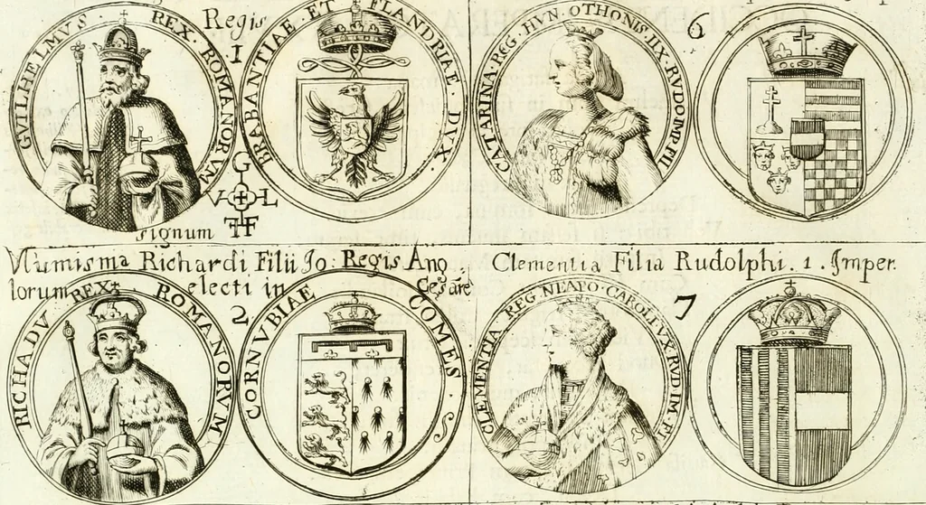 An illustration from Aquila vaga, sub qua ex diuersis nationibus et familijs a VVilhelmo Hollando vsquè ad Sigismundum Lutzelburgium occidentis imperatorem XXXIX. elogijs, hieroglyphicis, numismatibus, insignibus, symbolis, imaginibus antiquis ad viuum exhibentur exculpti, & longa historiarum serie exarati ..., 1679, leaf 11