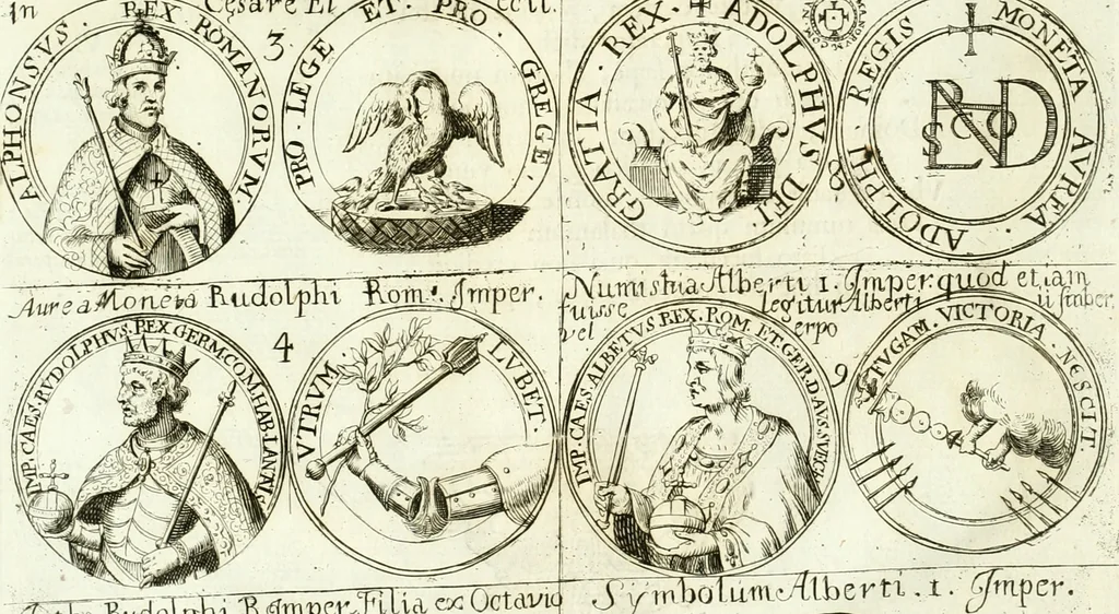 An illustration from Aquila vaga, sub qua ex diuersis nationibus et familijs a VVilhelmo Hollando vsquè ad Sigismundum Lutzelburgium occidentis imperatorem XXXIX. elogijs, hieroglyphicis, numismatibus, insignibus, symbolis, imaginibus antiquis ad viuum exhibentur exculpti, & longa historiarum serie exarati ..., 1679, leaf 11
