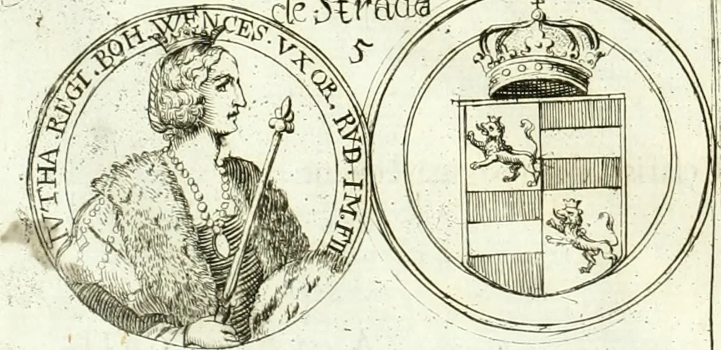 An illustration from Aquila vaga, sub qua ex diuersis nationibus et familijs a VVilhelmo Hollando vsquè ad Sigismundum Lutzelburgium occidentis imperatorem XXXIX. elogijs, hieroglyphicis, numismatibus, insignibus, symbolis, imaginibus antiquis ad viuum exhibentur exculpti, & longa historiarum serie exarati ..., 1679, leaf 11