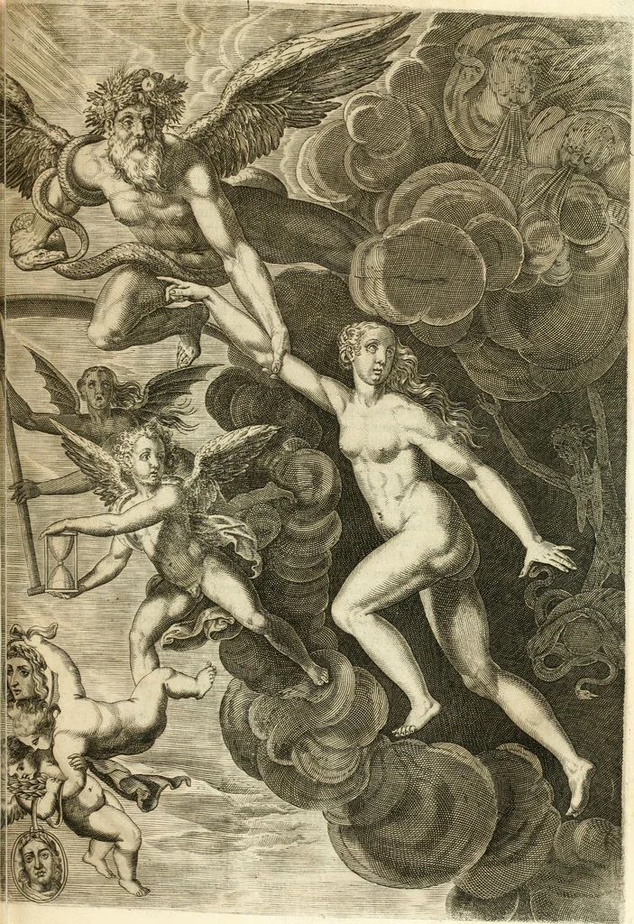 An illustration from Aquila vaga, sub qua ex diuersis nationibus et familijs a VVilhelmo Hollando vsquè ad Sigismundum Lutzelburgium occidentis imperatorem XXXIX. elogijs, hieroglyphicis, numismatibus, insignibus, symbolis, imaginibus antiquis ad viuum exhibentur exculpti, & longa historiarum serie exarati ..., 1679, leaf 136