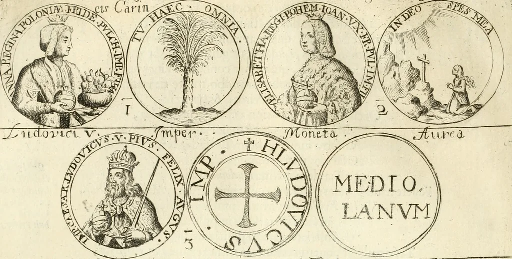 An illustration from Aquila vaga, sub qua ex diuersis nationibus et familijs a VVilhelmo Hollando vsquè ad Sigismundum Lutzelburgium occidentis imperatorem XXXIX. elogijs, hieroglyphicis, numismatibus, insignibus, symbolis, imaginibus antiquis ad viuum exhibentur exculpti, & longa historiarum serie exarati ..., 1679, leaf 139
